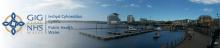 Panorama of Cardiff Bay with Wales Public Health logo
